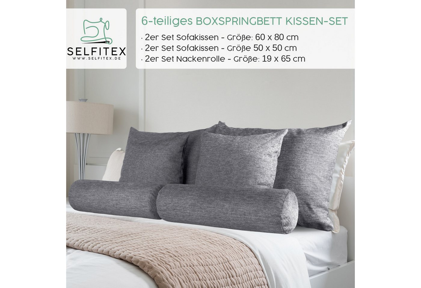 Selfitex Sofakissen 6-tlg. Kissen Set, 2x großes Kissen/2x kleines Kissen/2x Nackenrolle, (6er Set, 2x großes Kissen, 2x kleines Kissen, 2x Nackenrolle), für So – Bild 2 von 5