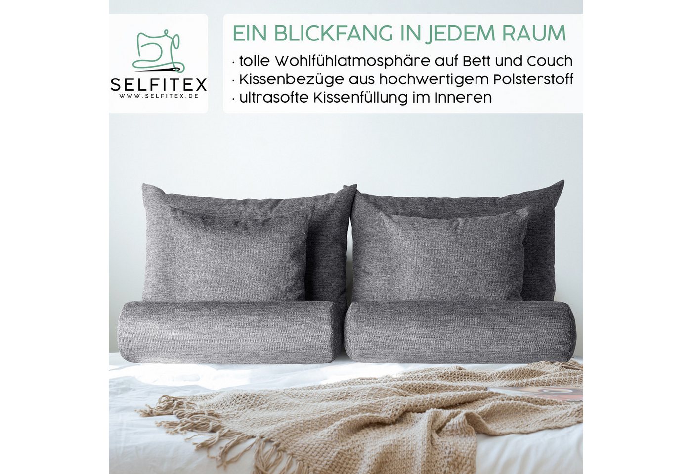 Selfitex Sofakissen 6-tlg. Kissen Set, 2x großes Kissen/2x kleines Kissen/2x Nackenrolle, (6er Set, 2x großes Kissen, 2x kleines Kissen, 2x Nackenrolle), für So – Bild 4 von 5