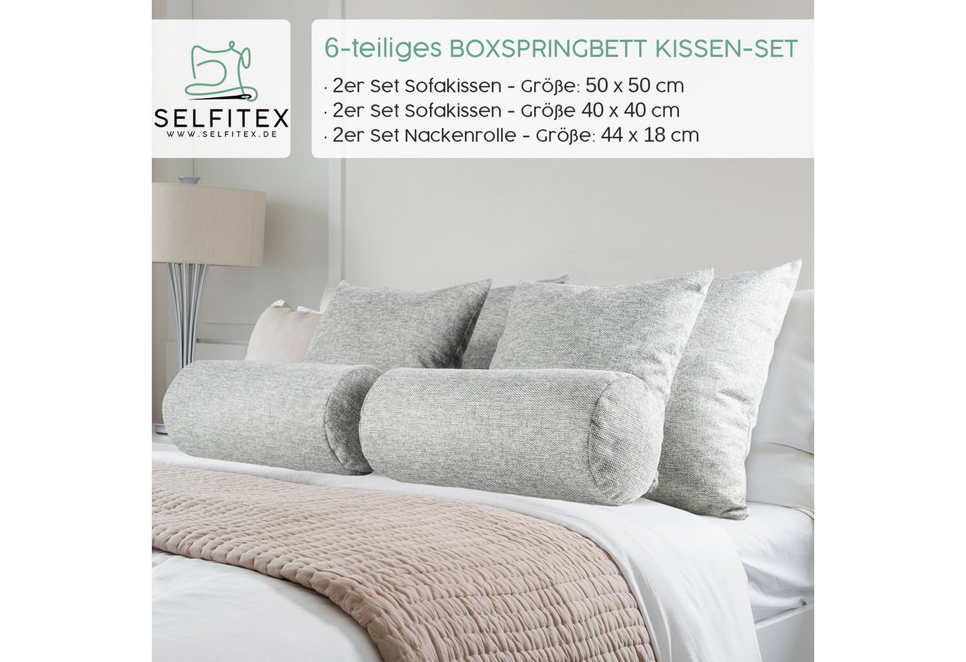 Selfitex Sofakissen 6-tlg. Kissen Set, 2x großes Kissen/2x kleines Kissen/2x Nackenrolle, (6er Set, 2x großes Kissen, 2x kleines Kissen, 2x Nackenrolle), für So – Bild 2 von 5