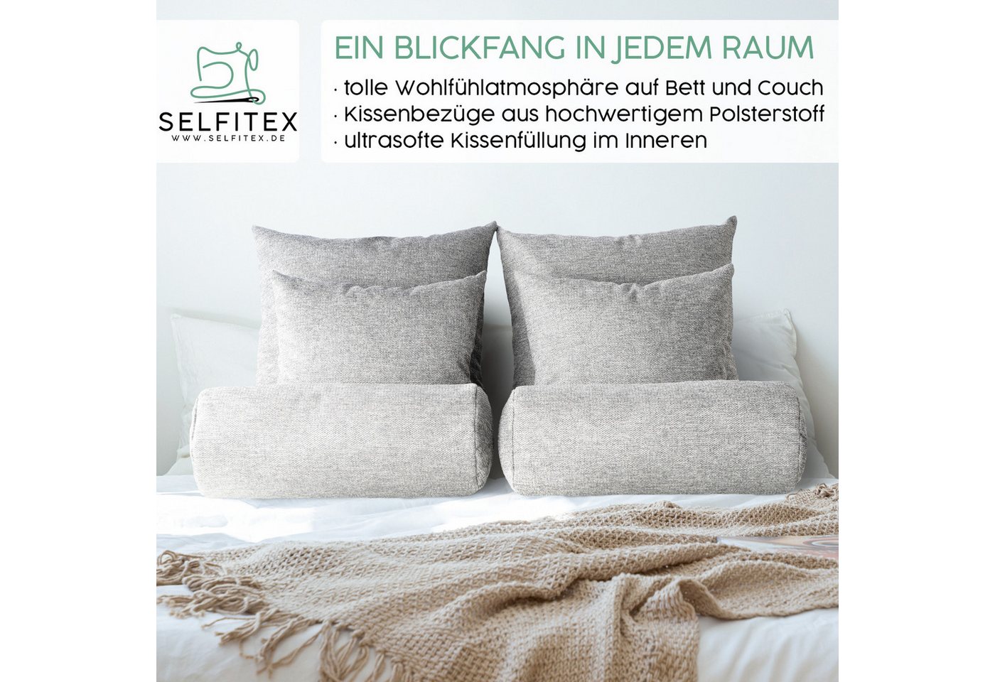 Selfitex Sofakissen 6-tlg. Kissen Set, 2x großes Kissen/2x kleines Kissen/2x Nackenrolle, (6er Set, 2x großes Kissen, 2x kleines Kissen, 2x Nackenrolle), für So – Bild 4 von 5