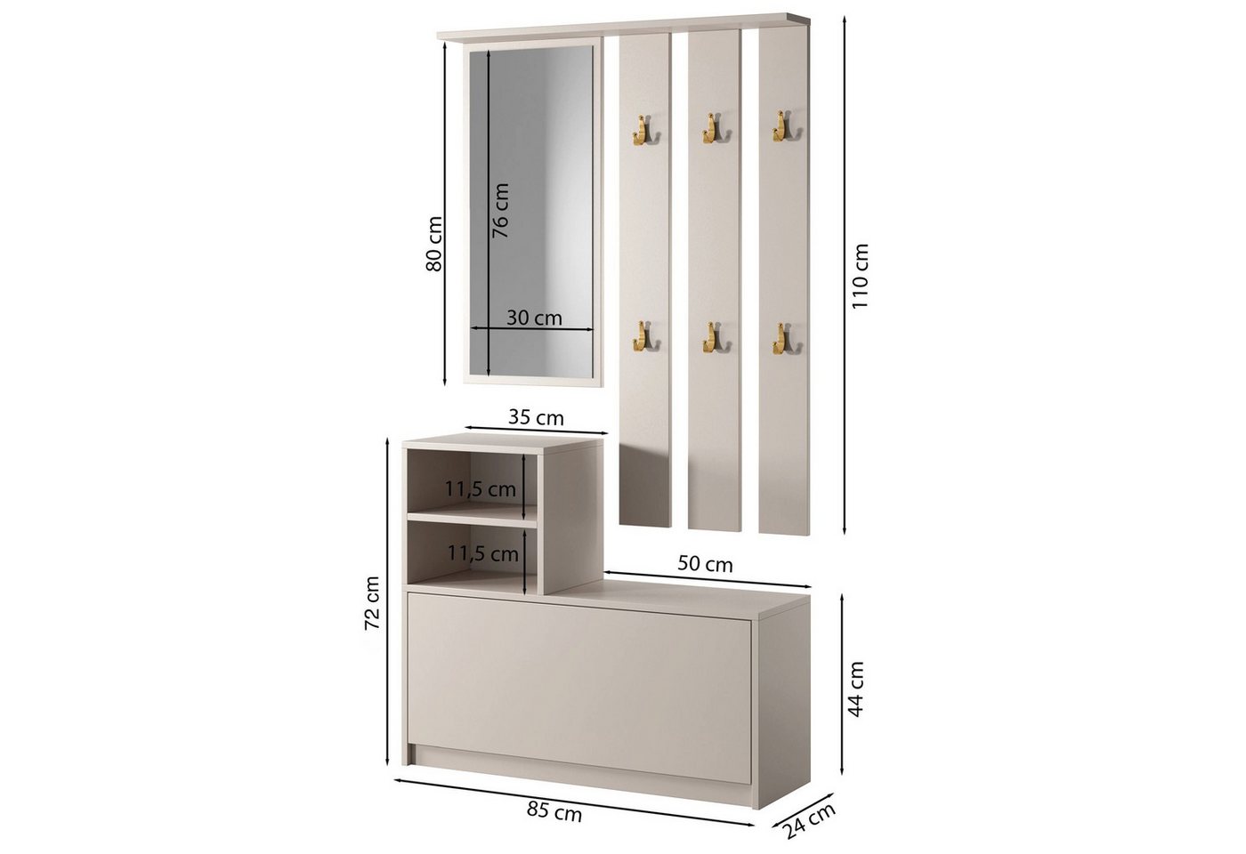 Selsey Garderoben-Set YESFIR, mit Schuhschrank, Spiegel und Wandpaneel mit Haken, 85 cm – Bild 5 von 5