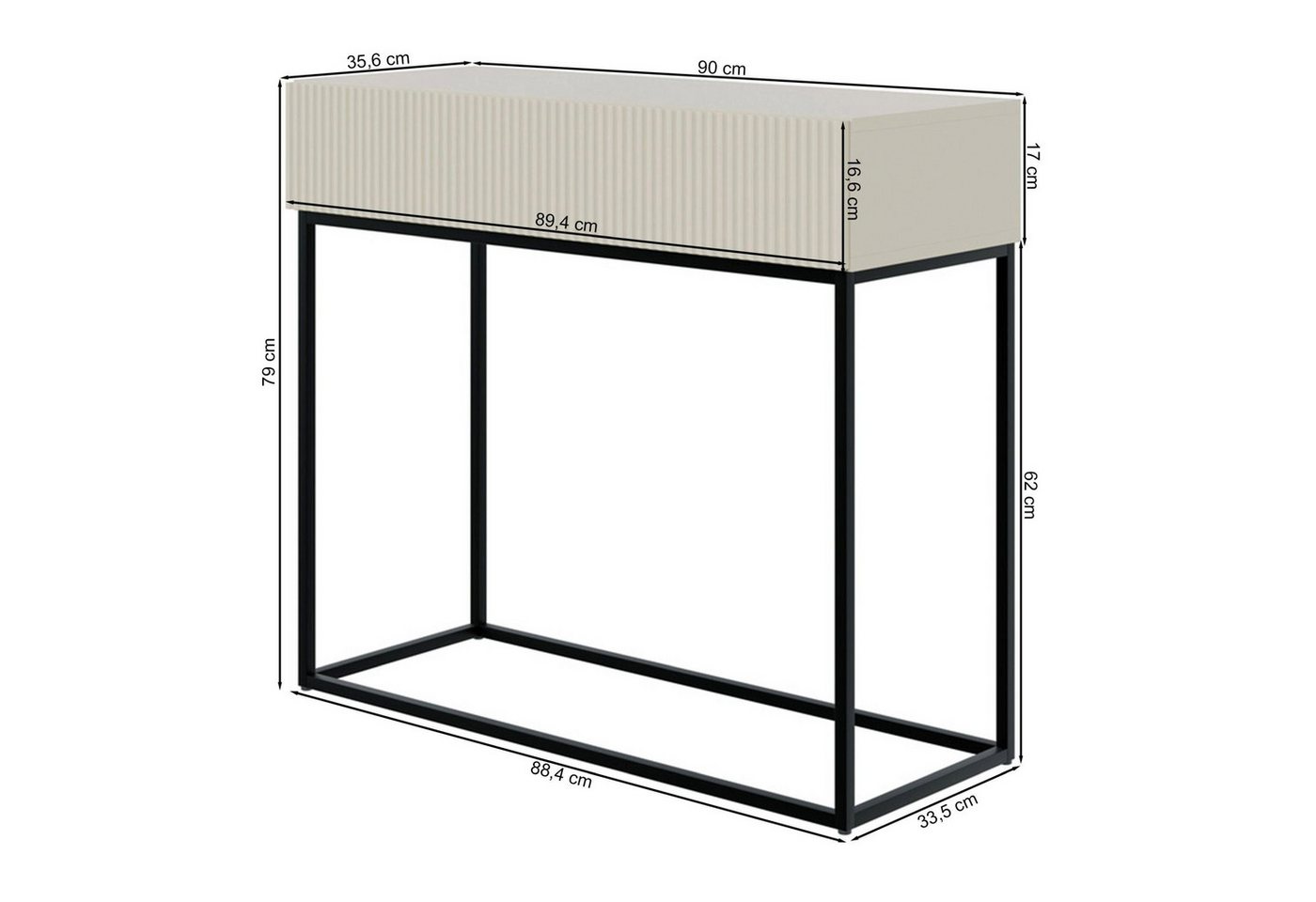 Selsey Konsolentisch VELDIO, mit Schublade, geriffelter Front und Metallgestell, 90 cm – Bild 3 von 5