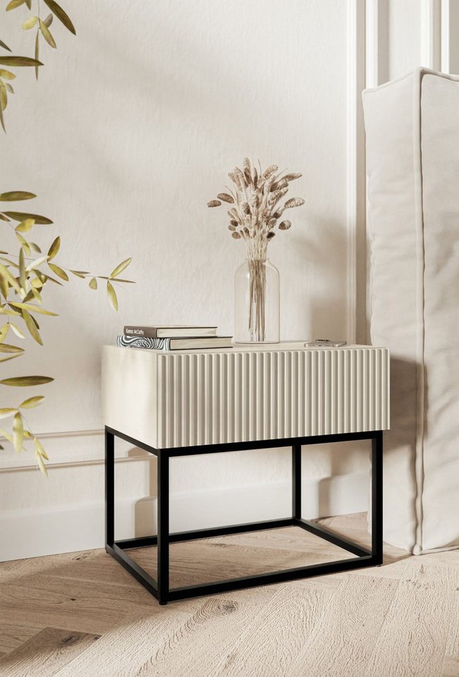 Selsey Nachttisch VELDIO, mit Schublade, gefräster Front und Metallbeinen, 50 cm – Bild 2 von 5