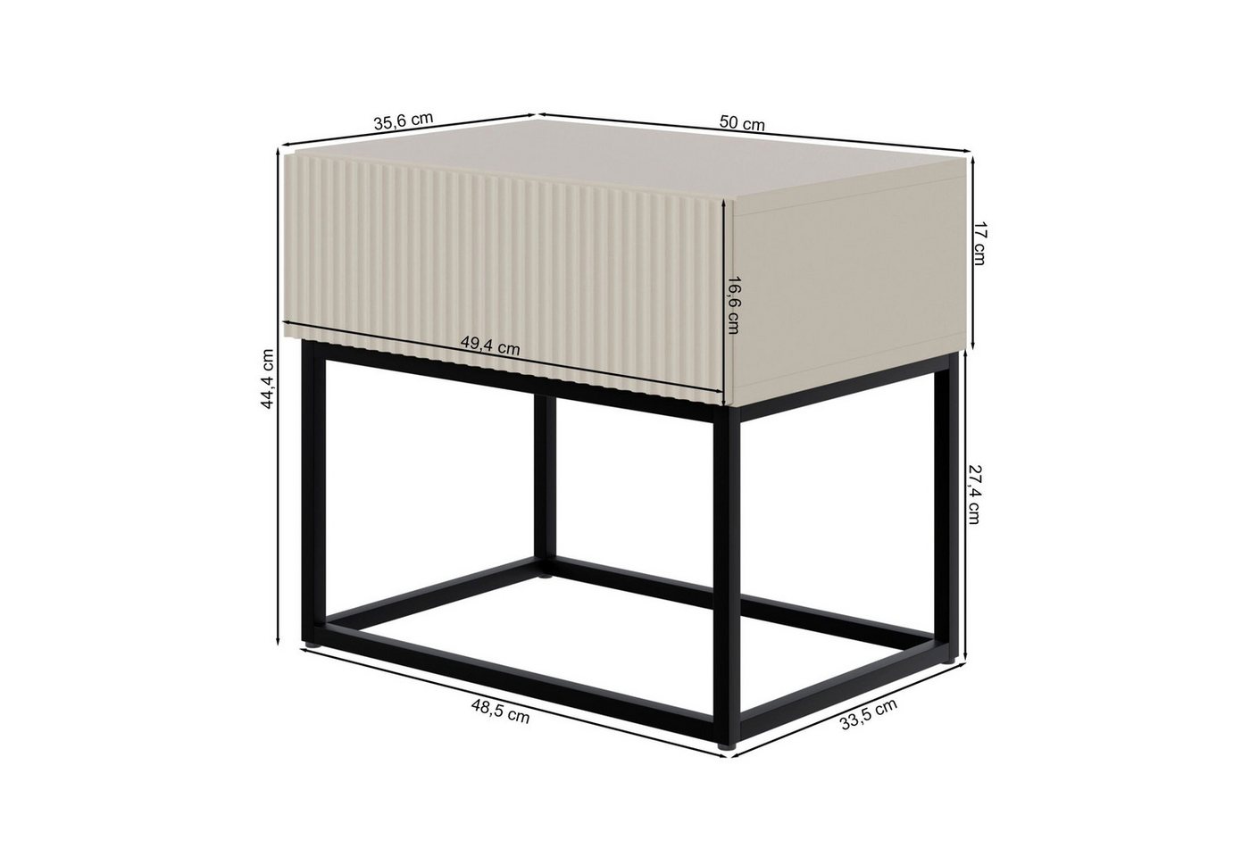 Selsey Nachttisch VELDIO, mit Schublade, gefräster Front und Metallbeinen, 50 cm – Bild 4 von 5