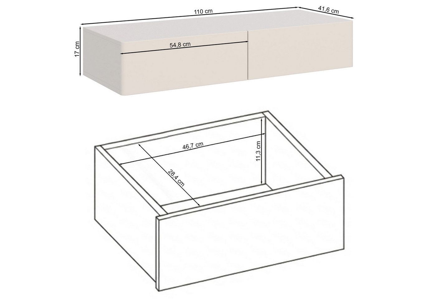 Selsey Schminktisch OLIO, Wandhängender Schminktisch mit 2 Schubladen, 110 cm breit – Bild 4 von 5