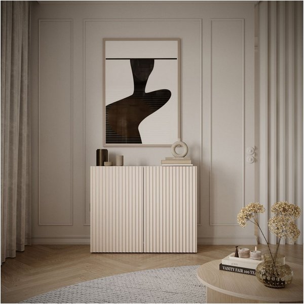 Selsey Sideboard SUNDS, Sideboard in Kaschmirbeige mit Lamellenfront & Push-to-Open