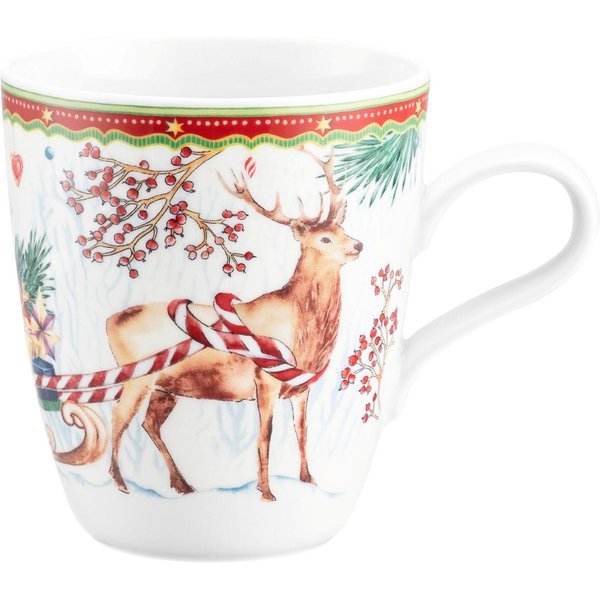 Seltmann Weiden Becher Life - Hirsch mit Schlitten, 1-tlg., Porzellan, Becher mit Henkel 0,40 l und weihnachtlichem Dekor