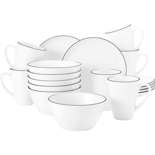 Seltmann Weiden Frühstücks-Geschirrset Geschirr-Set, 18 Teile, Lido Black Line, rund (18-tlg), 6 Personen, Porzellan, Becher, Teller, Schalen, 18 Teile, 6 Perso