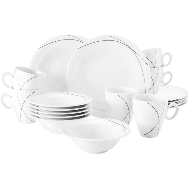 Seltmann Weiden Frühstücks-Geschirrset Service, Trio Highline (Teller, Schale, Kaffeebecher) (18-tlg), 6 Personen, Porzellan, Teller, Becher, Schalen, Made in G