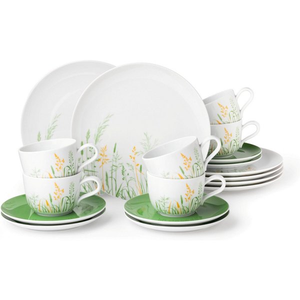 Seltmann Weiden Kaffeeservice Geschirr-Set, 18 Teile, Liberty Meadow Grasses (18-tlg), 6 Personen, Porzellan, Tassen, Untertassen, Teller, Made in Germany, 18 T