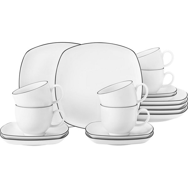 Seltmann Weiden Kaffeeservice Geschirr-Set, Service Lido Black Line (18-tlg), 6 Personen, Porzellan, Tassen, Untertassen, Teller, 18 Teile, für 6 Personen, Made
