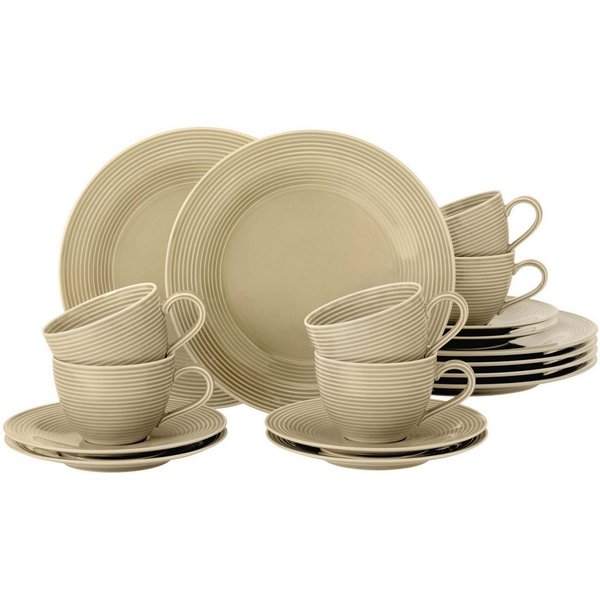 Seltmann Weiden Kaffeeservice Geschirr-Set, Service Beat (18-tlg), 6 Personen, Porzellan, Teller, Tassen, Untertassen, Rillendekor, 18 Teile, für 6 Personen