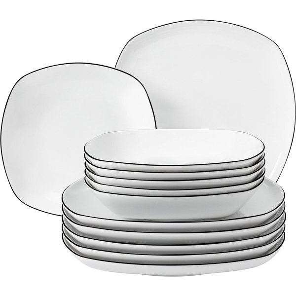 Seltmann Weiden Tafelservice Teller Set, Geschirr-Set Lido Black Line (12-tlg), 6 Personen, Porzellan, Geschirr, Teller 12 Teile, für 6 Personen, Made in German