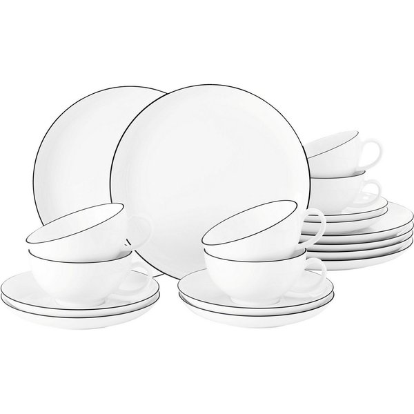 Seltmann Weiden Teeservice Geschirr-Set Lido Black Line (18-tlg), 6 Personen, Porzellan, Tassen, Untertassen, Teller 18 Teile, für 6 Personen, Made in Germany