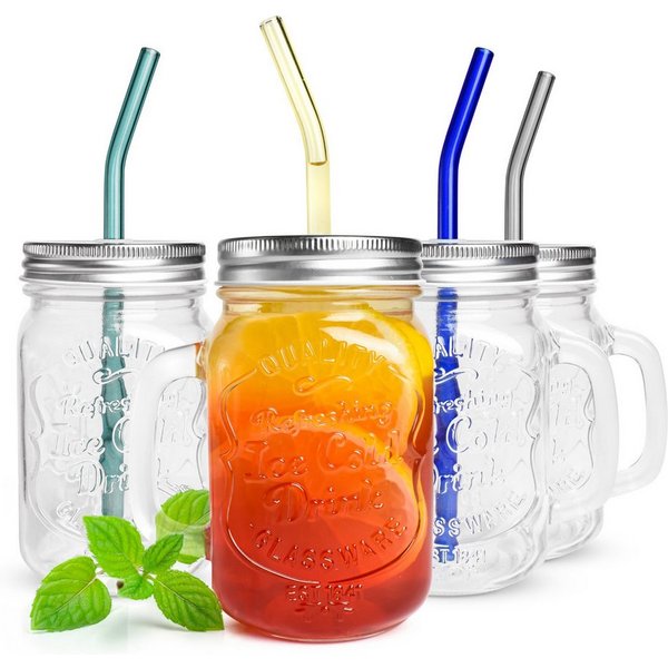 Sendez Cocktailglas 4 Trinkgläser mit Deckel und Glasstrohhalme Kaffeegläser, Glas