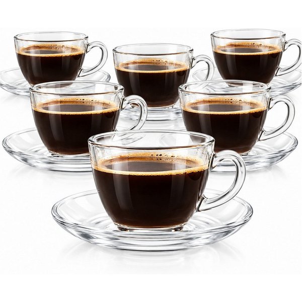 Sendez Espressotasse 6 Espresso Gläser 85ml mit 6 Unterteller Tasse 12tlg Espressoglas, 12-tlg., Glas