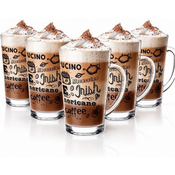 Sendez Gläser-Set 6 Latte Macchiato Gläser 300ml mit Kaffee-Aufdruck, 6-tlg., Glas