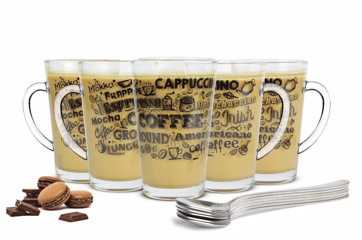 Sendez Gläser-Set 6 Latte Macchiato Gläser 300ml mit Kaffee-Aufdruck, 6-tlg., Glas – Bild 5 von 5
