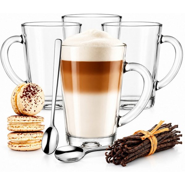 Sendez Latte-Macchiato-Glas 6 Latte Macchiato Gläser 300 ml + 6 Edelstahl-Löffel GRATIS, 12-tlg., Glas