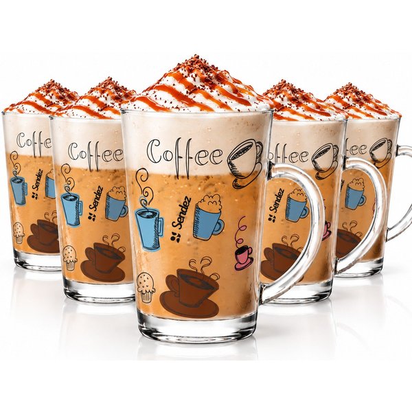 Sendez Latte-Macchiato-Glas 6 Latte Macchiato Gläser 300ml Kaffeegläser mit buntem Kaffee-Aufdruck, 6-tlg., Glas