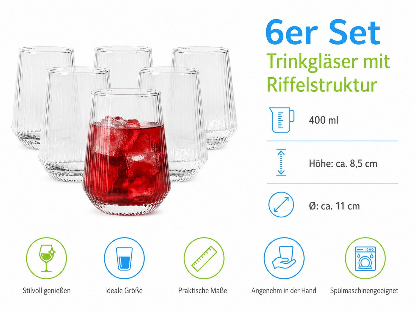 Sendez Longdrinkglas 6er Set 400 ml geriffelt Glas Wassergläser Saftgläser, 6-tlg., Glas – Bild 5 von 5