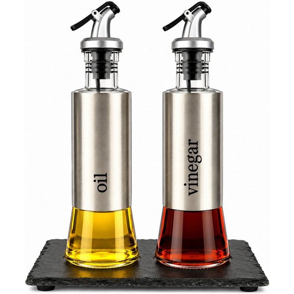 Sendez Menage-Set Öl und Essig Set auf Schieferplatte Ölspender Essigspender Ölflasche