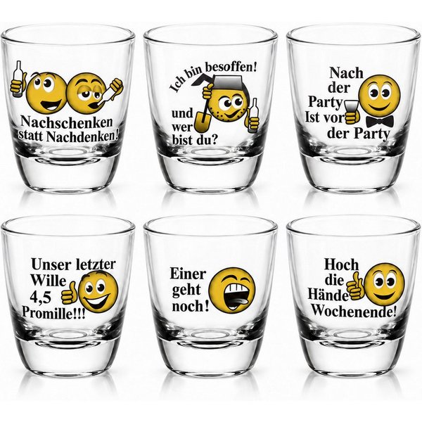 Sendez Schnapsglas 6 Schnapsgläser mit Sprüchen Shots Stamper Wodkagläser Barrel, 6-tlg., Glas