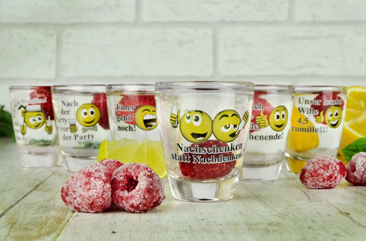 Sendez Schnapsglas 6 Schnapsgläser mit Sprüchen Shots Stamper Wodkagläser Barrel, 6-tlg., Glas – Bild 2 von 5