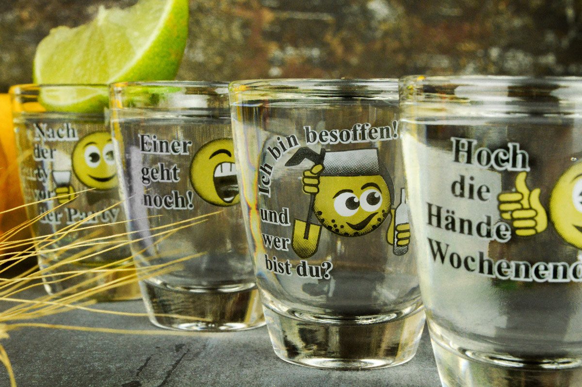 Sendez Schnapsglas 6 Schnapsgläser mit Sprüchen Shots Stamper Wodkagläser Barrel, 6-tlg., Glas – Bild 4 von 5