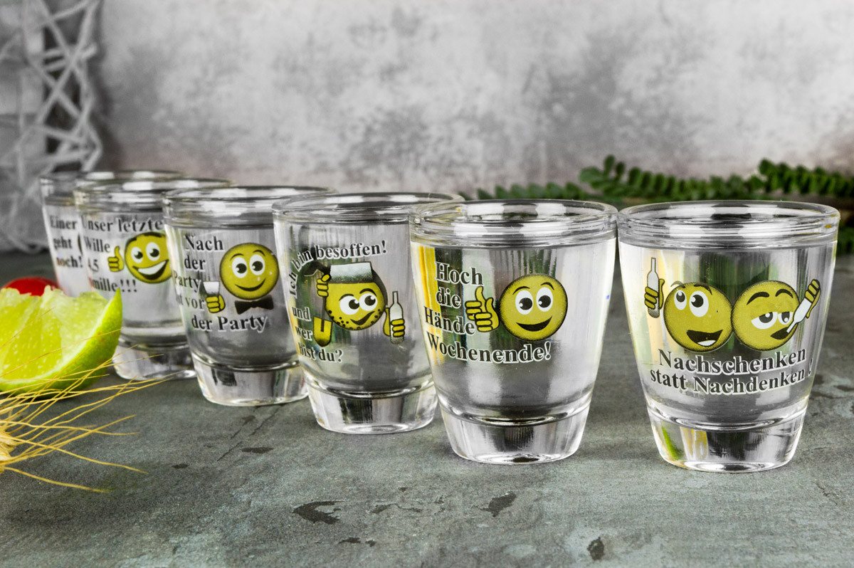 Sendez Schnapsglas 6 Schnapsgläser mit Sprüchen Shots Stamper Wodkagläser Barrel, 6-tlg., Glas – Bild 5 von 5