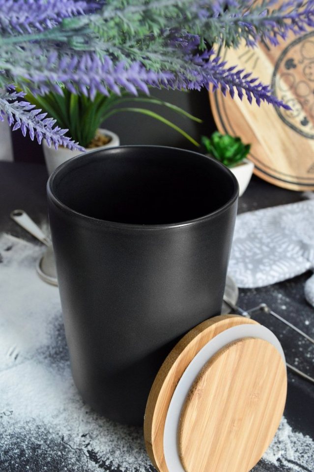 Sendez Vorratsdose Schwarze Vorratsdose 800ml mit Holzdeckel Keramik Vorratsbehälter Dose, Keramik, (Vorratsdose), Vorratsdose – Bild 3 von 5