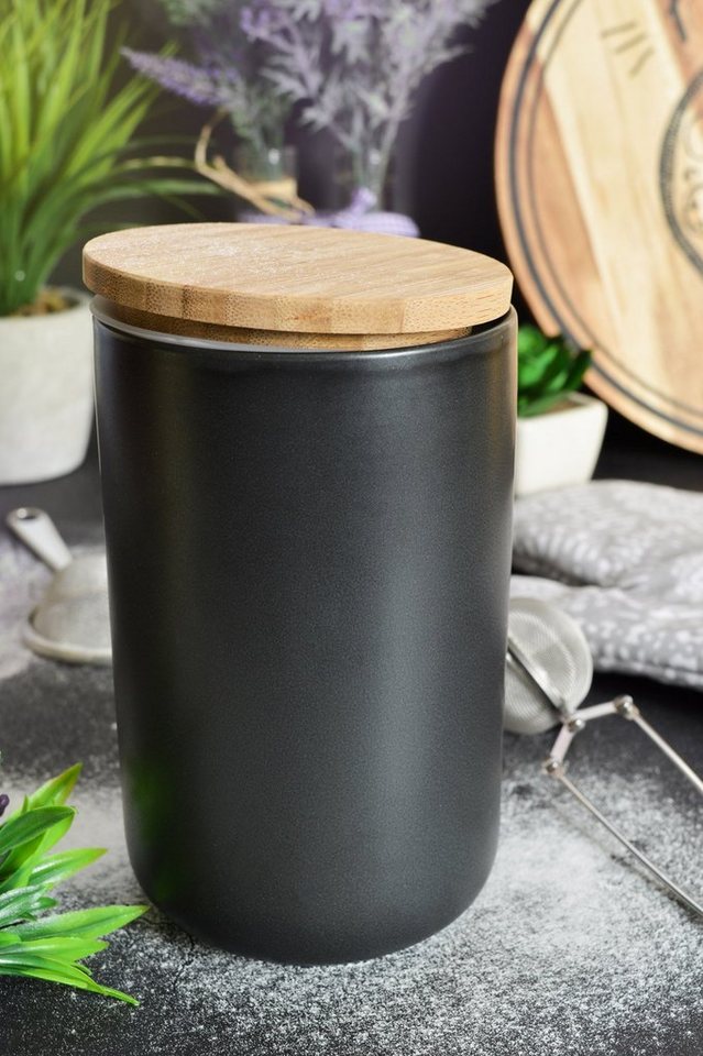 Sendez Vorratsdose Schwarze Vorratsdose 800ml mit Holzdeckel Keramik Vorratsbehälter Dose, Keramik, (Vorratsdose), Vorratsdose – Bild 5 von 5