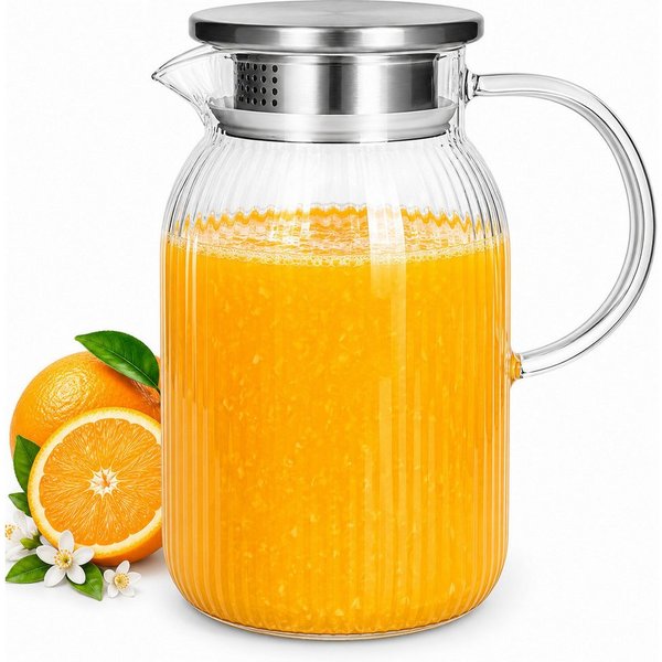 Sendez Wasserkaraffe 1,1 L Borosilikatglas mit Edelstahldeckel Wasserkrug geriffelt