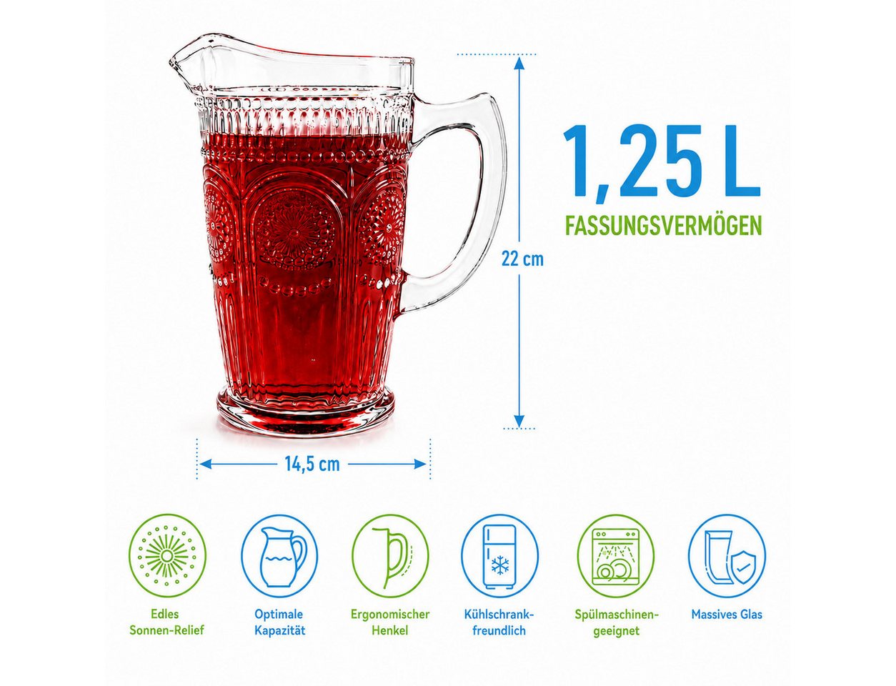 Sendez Wasserkrug 1,2 L mit Henkel und Sonnen-Relief Wasserkaraffe Krug, (1-tlg) – Bild 4 von 4