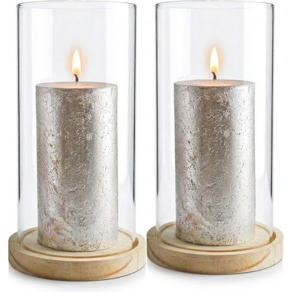 Sendez Windlicht 2 Glaszylinder mit Holzteller Kerzenhalter Kerzenständer Laterne