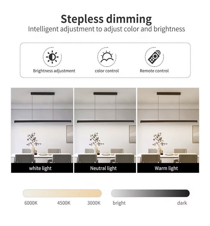 SenFay LED Pendelleuchte 120 cm linear, dimmbar & höhenverstellbar mit Fernbedienung, LED fest integriert, Extra-Warmweiß, Neutralweiß, Kaltweiß – Bild 2 von 5