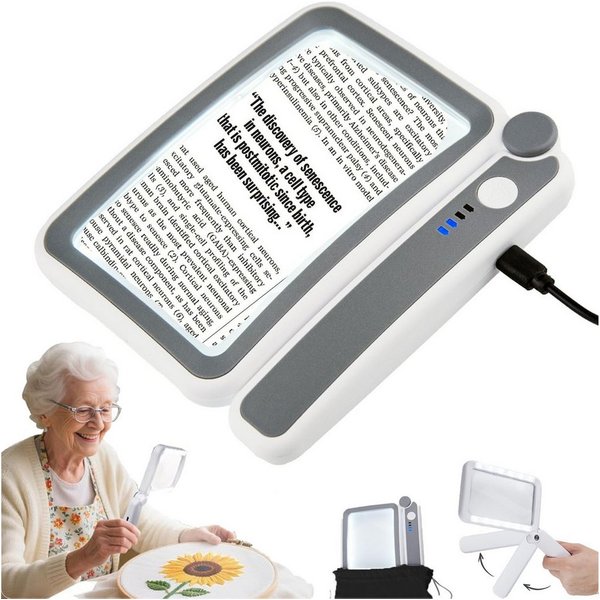 Senmudi Handlupe 4X Lupe mit LED Licht,Faltbare Leselupe Groß,3-stufige Lichtregelung, Handlupe, Rechteckige Ganzseiten-Lupe mit 10 LED-Lichtern, Lupe für Senio