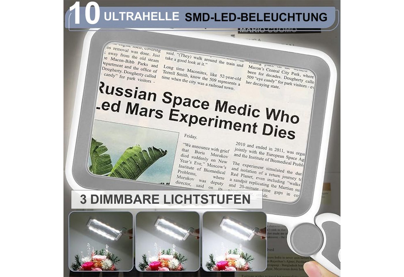 Senmudi Handlupe 4X Lupe mit LED Licht,Faltbare Leselupe Groß,3-stufige Lichtregelung, Handlupe, Rechteckige Ganzseiten-Lupe mit 10 LED-Lichtern, Lupe für Senio – Bild 3 von 5