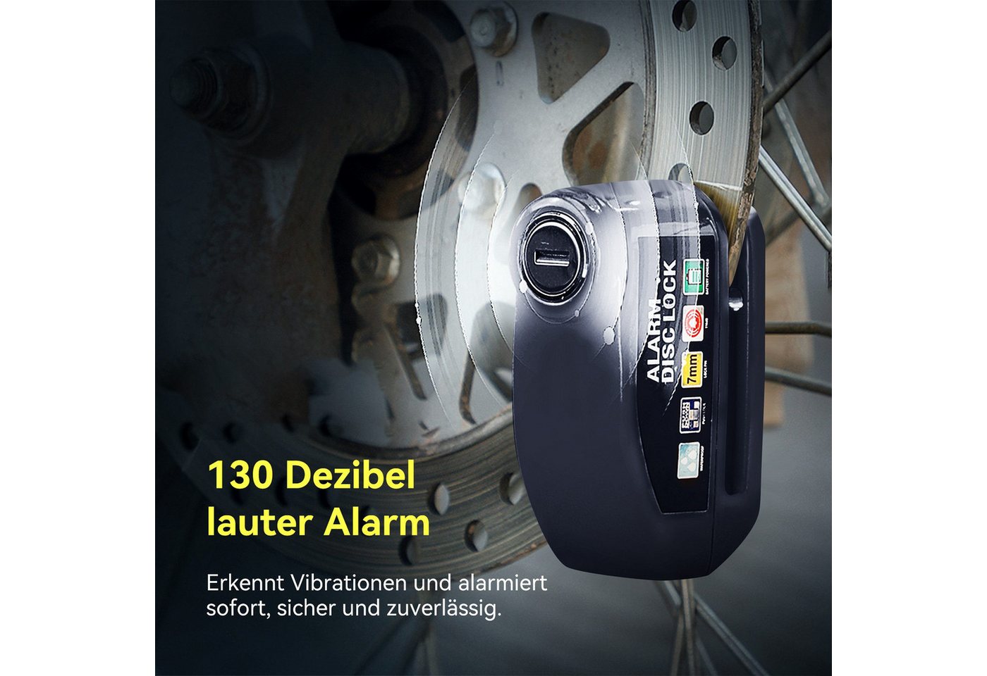Senmudi Rahmenschloss Bremsscheibenschloss, Motorrad Schloss Alarm 110db (Wasserdichtes Hochsicherheits-Motorradschloss mit Fahrrad-Alarmanlage, Scooter, für Mo – Bild 4 von 5