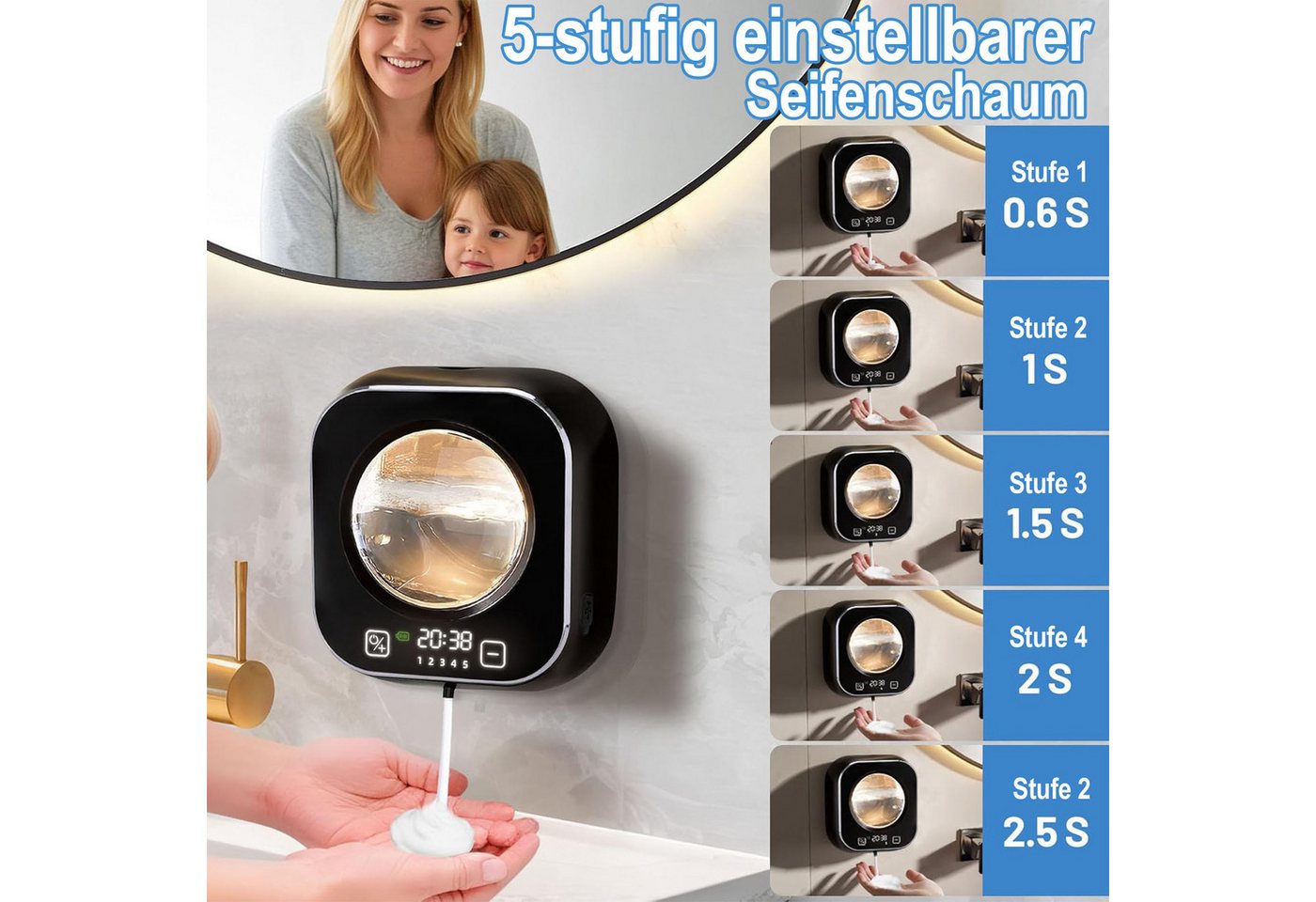 Senmudi Seifenspender Automatischer Seifenspender, 320 ml, 5-stufige Schaumregulierung, (USB-wiederaufladbar, mit Ambientelicht und bis zu 80 Tagen Laufzeit, IP – Bild 3 von 5