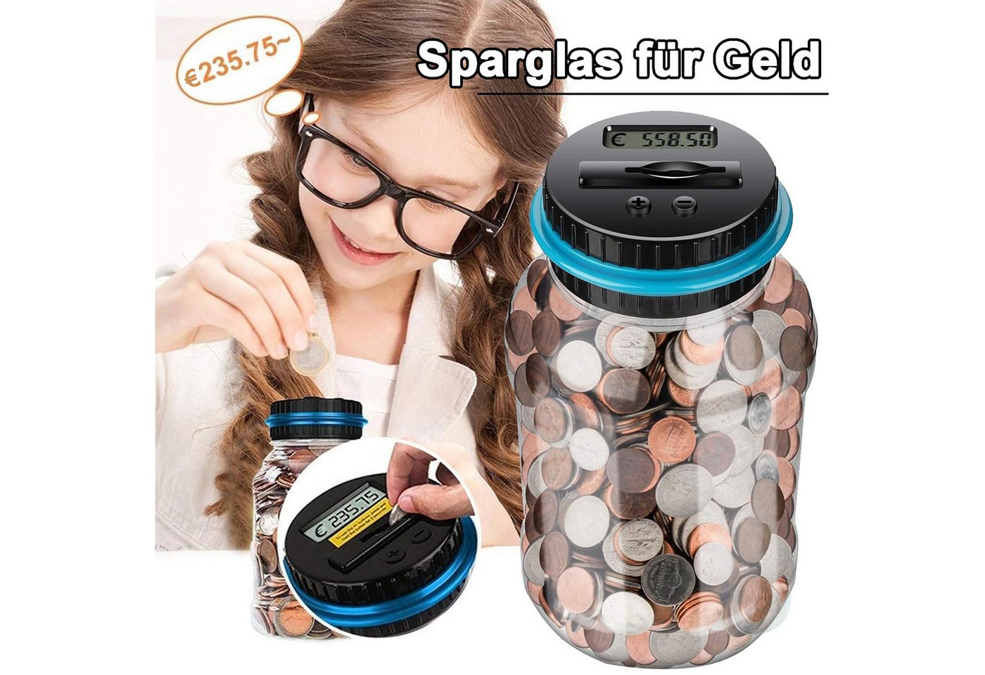 Senmudi Spardose Digitale Spardose mit Zähler, Automatische Spardose, (1.8L Münzzähler Groß mit LCD Display, Sparschwein für Kinder Jungen Mädchen und Erwachsen – Bild 2 von 5