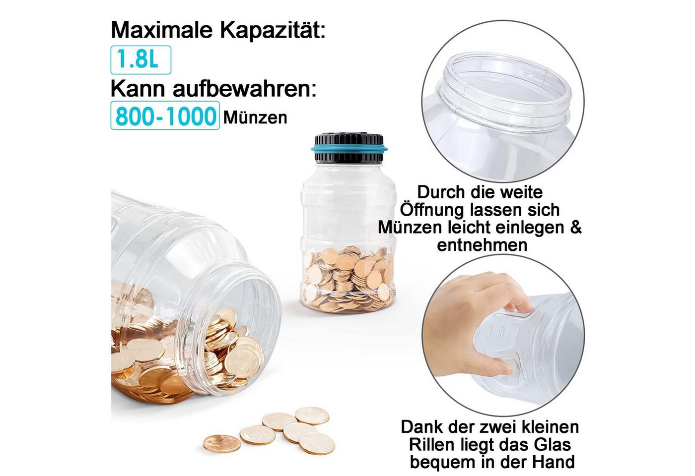 Senmudi Spardose Digitale Spardose mit Zähler, Automatische Spardose, (1.8L Münzzähler Groß mit LCD Display, Sparschwein für Kinder Jungen Mädchen und Erwachsen – Bild 3 von 5