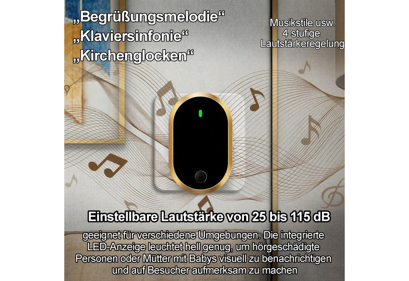 Senmudi Türklingel Funkklingel, Türklingel Funk Set, 300 m Reichweite, wasserdicht (Plug-in Empfänger mit LED-Blitz, 4 Lautstärkestufen, 60 Melodien), einfache  – Bild 3 von 5