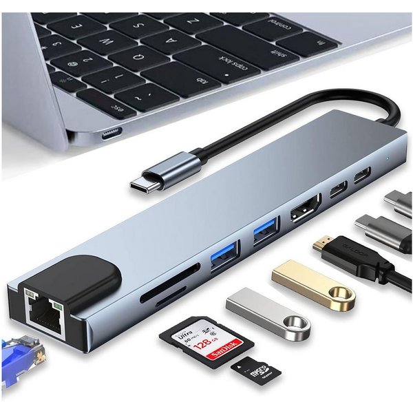 Senmudi USB-Verteiler 8-IN-1 USB C Hub, Typ-C Multiport Adapter mit Ethernet, USB Hub 3.0 (SD/TF-Player,D 100W,4K HDMI,100gbps,5 Gbps Übertragungsgeschwindigkei