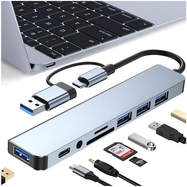 Senmudi USB-Verteiler 8-IN-1 USB C Hub, Typ-C Multiport Adapter mit Ethernet, USB Hub 3.0 (SD/TF-Player,D 100W,4K HDMI,100gbps,5 Gbps Übertragungsgeschwindigkei