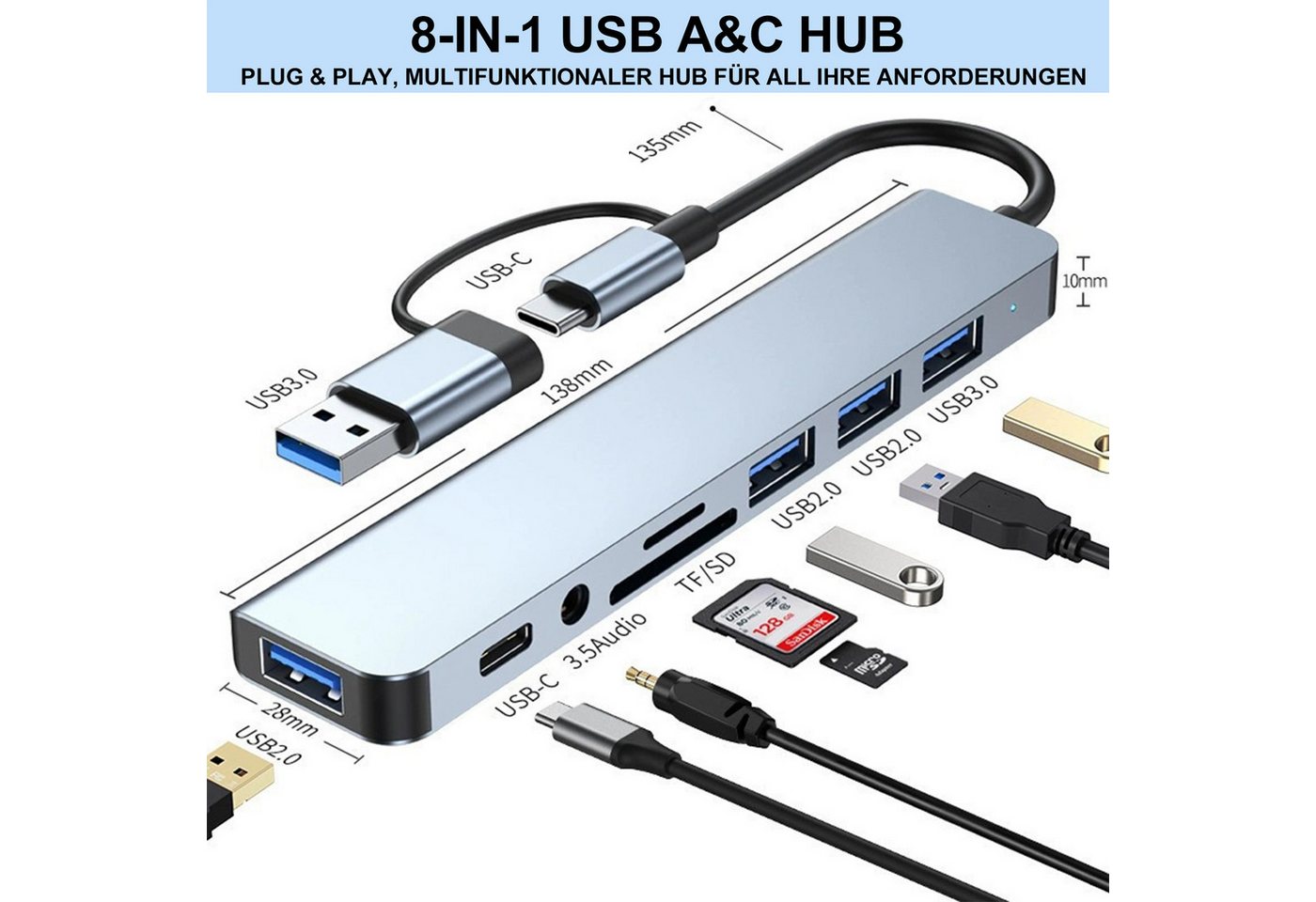 Senmudi USB-Verteiler 8-IN-1 USB C Hub, Typ-C Multiport Adapter mit Ethernet, USB Hub 3.0 (SD/TF-Player,D 100W,4K HDMI,100gbps,5 Gbps Übertragungsgeschwindigkei – Bild 2 von 5