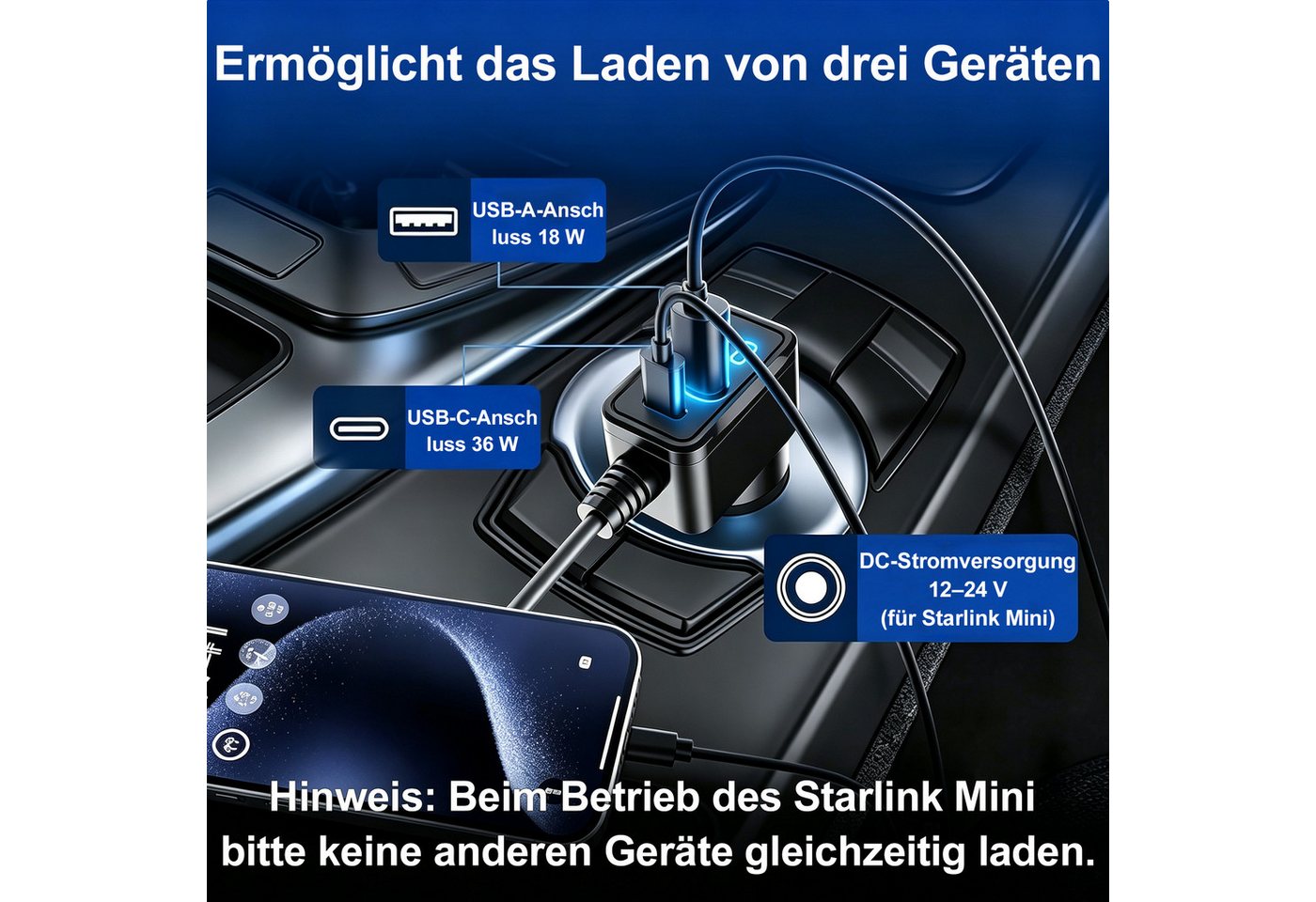 Senmudi Zigarettenanzünder-Verteiler 3 in 1 Zigarettenanzünder USB C 60W Auto Ladegerät mit MetallBauteilen (3M Langkabel & Digitaler Spannungsanzeige, IP65 was – Bild 2 von 5