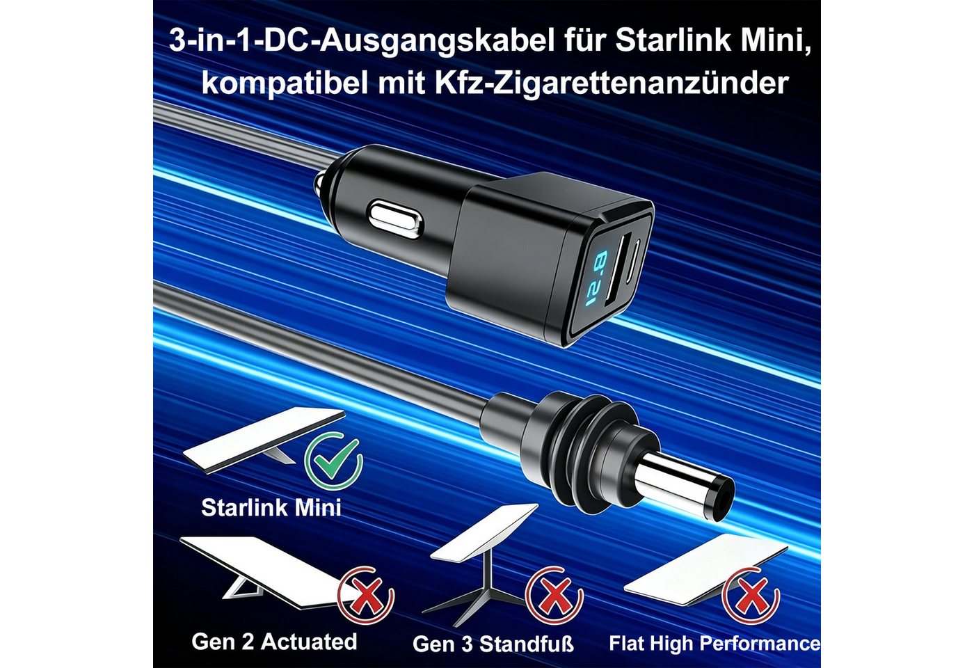 Senmudi Zigarettenanzünder-Verteiler 3 in 1 Zigarettenanzünder USB C 60W Auto Ladegerät mit MetallBauteilen (3M Langkabel & Digitaler Spannungsanzeige, IP65 was – Bild 4 von 5