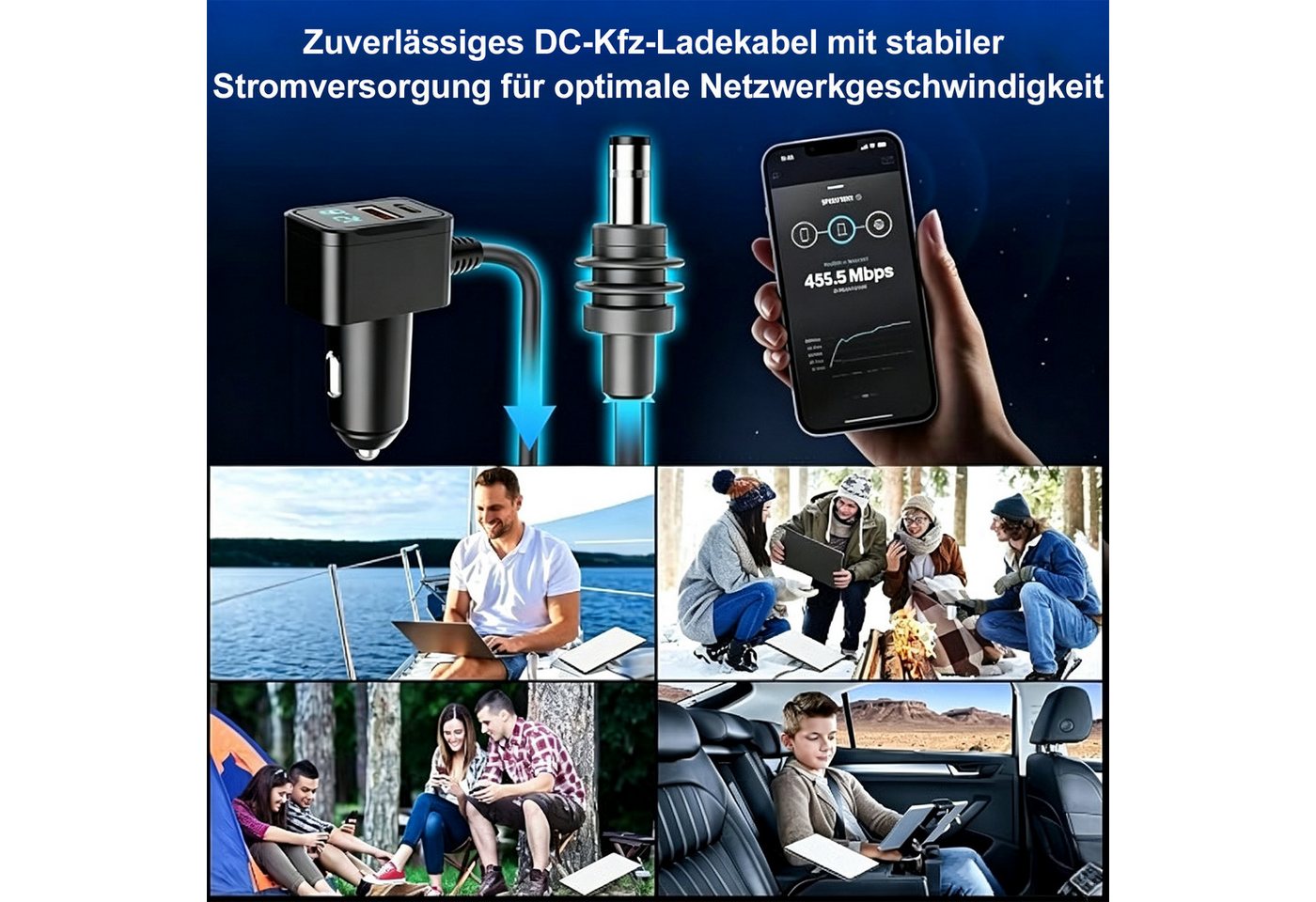Senmudi Zigarettenanzünder-Verteiler 3 in 1 Zigarettenanzünder USB C 60W Auto Ladegerät mit MetallBauteilen (3M Langkabel & Digitaler Spannungsanzeige, IP65 was – Bild 5 von 5