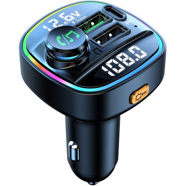 Senmudi Zigarettenanzünder-Verteiler Bluetooth 5.0 FM Transmitter für Auto Ladegerät USB KFZ-Transmitter (Leistungsstarke Doppel-Mikrofone mit Rauschunterdrücku